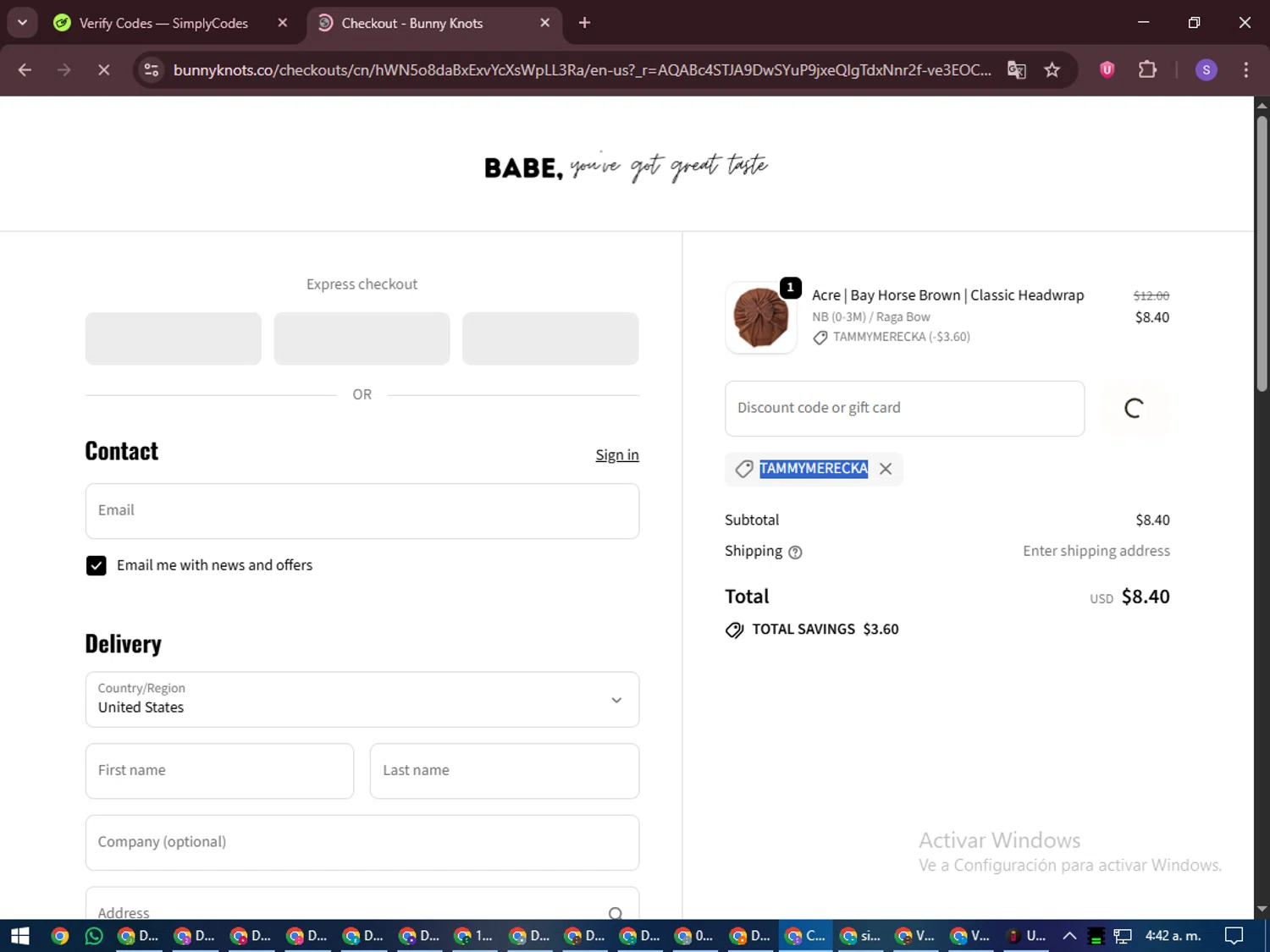 Bunny Knots discount code screenshot showing code TAMMYMERECKA applied at Bunny Knots checkout page. Uploaded by SimplyCodes community member LuckyVoyager688 on Nov 28, 2025
