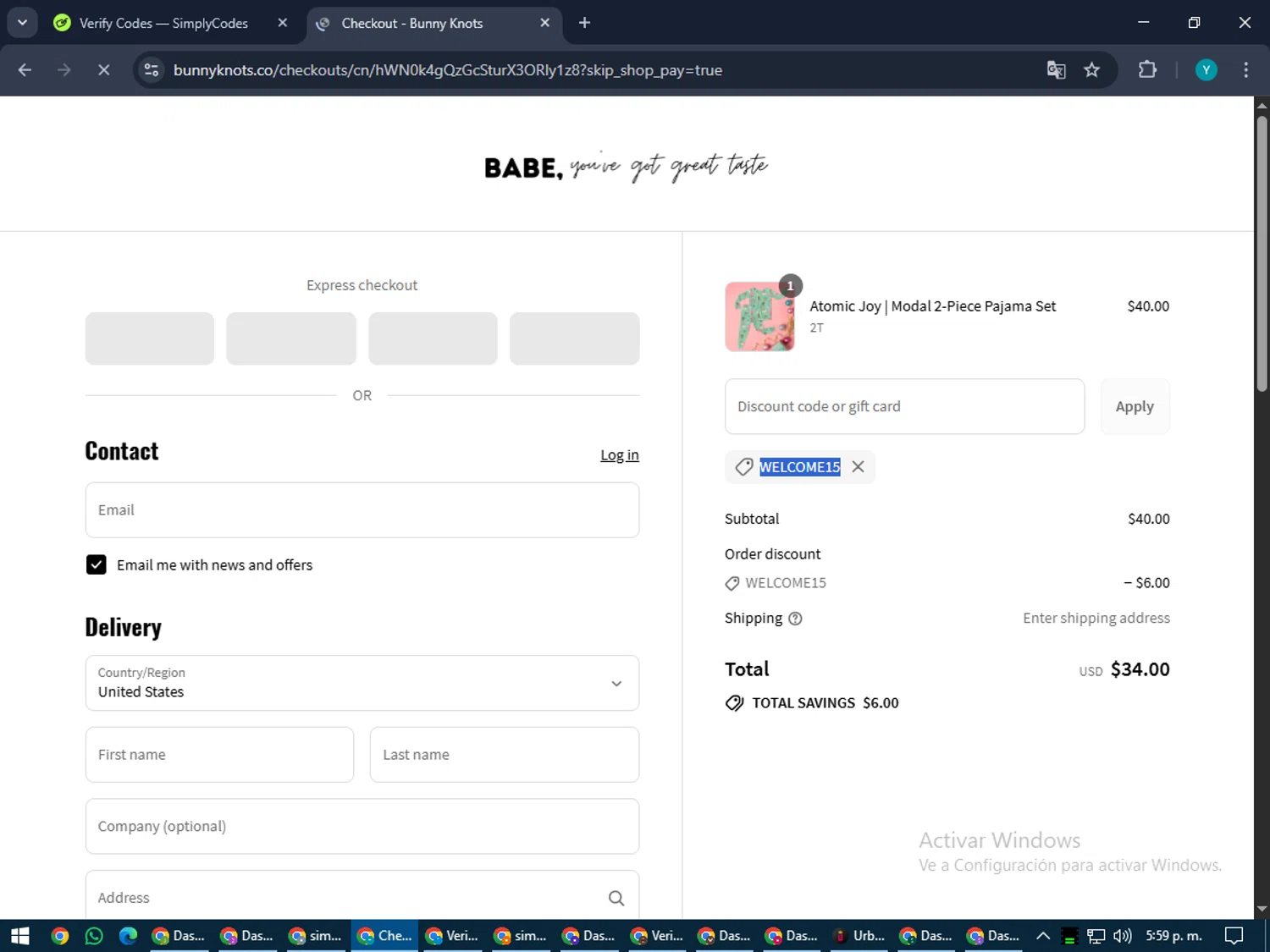 Bunny Knots discount code screenshot showing code WELCOME15 applied at Bunny Knots checkout page. Uploaded by SimplyCodes community member RoyalEagle4794 on Jul 17, 2025