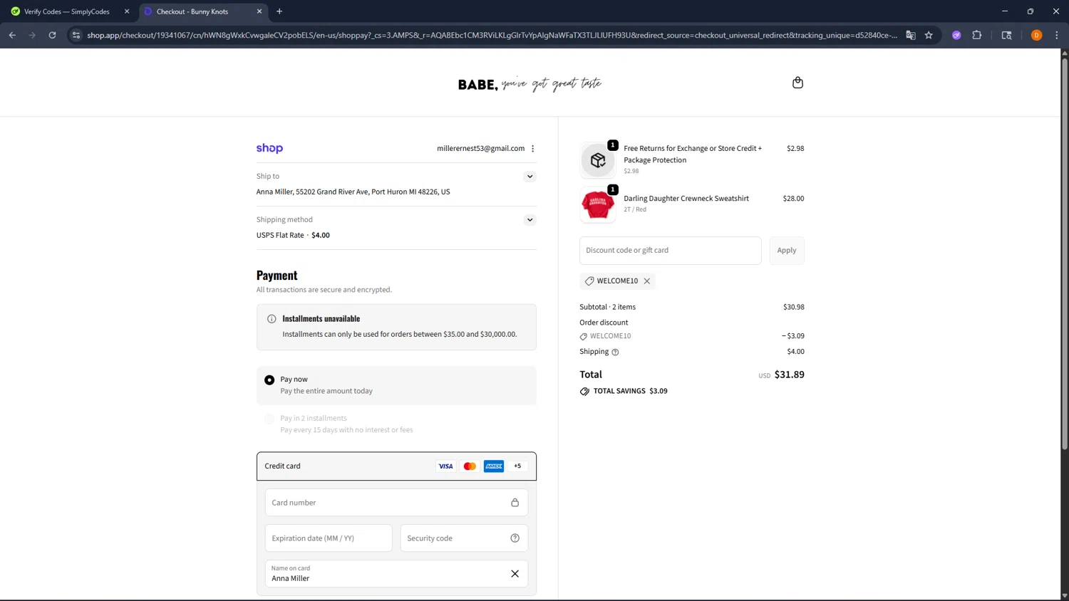 Bunny Knots discount code screenshot showing code WELCOME10 applied at Bunny Knots checkout page. Uploaded by SimplyCodes community member FrugalFalcon351 on Feb 12, 2026