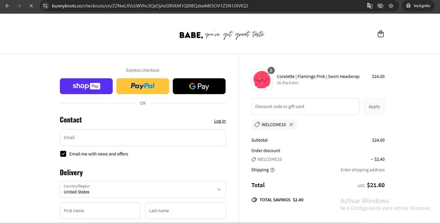 Bunny Knots discount code screenshot showing code WELCOME10 applied at Bunny Knots checkout page. Uploaded by SimplyCodes community member UchihaMadara on Jun 24, 2025