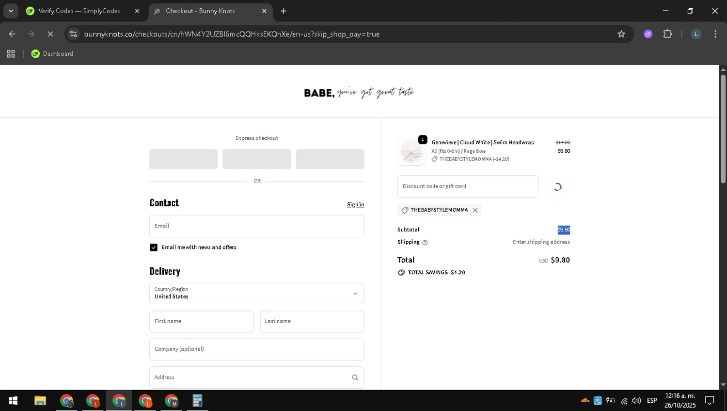 Bunny Knots discount code screenshot showing code THEBABYSTYLEMOMMA applied at Bunny Knots checkout page. Uploaded by SimplyCodes community member RewardExpert2936 on Oct 26, 2025