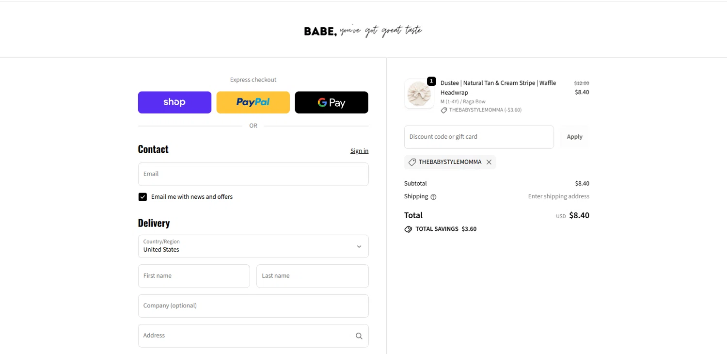 Bunny Knots discount code screenshot showing code THEBABYSTYLEMOMMA applied at Bunny Knots checkout page. Uploaded by SimplyCodes community member dimitriv on Oct 17, 2025