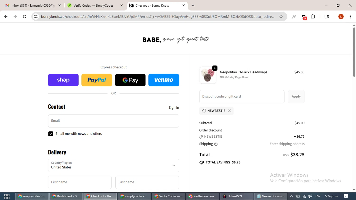 Bunny Knots discount code screenshot showing code NEWBESTIE applied at Bunny Knots checkout page. Uploaded by SimplyCodes community member BonusHero9692 on Nov 3, 2025