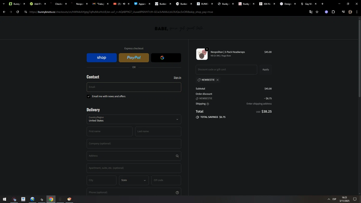 Bunny Knots discount code screenshot showing code NEWBESTIE applied at Bunny Knots checkout page. Uploaded by SimplyCodes community member MarcosAranguren on Nov 3, 2025