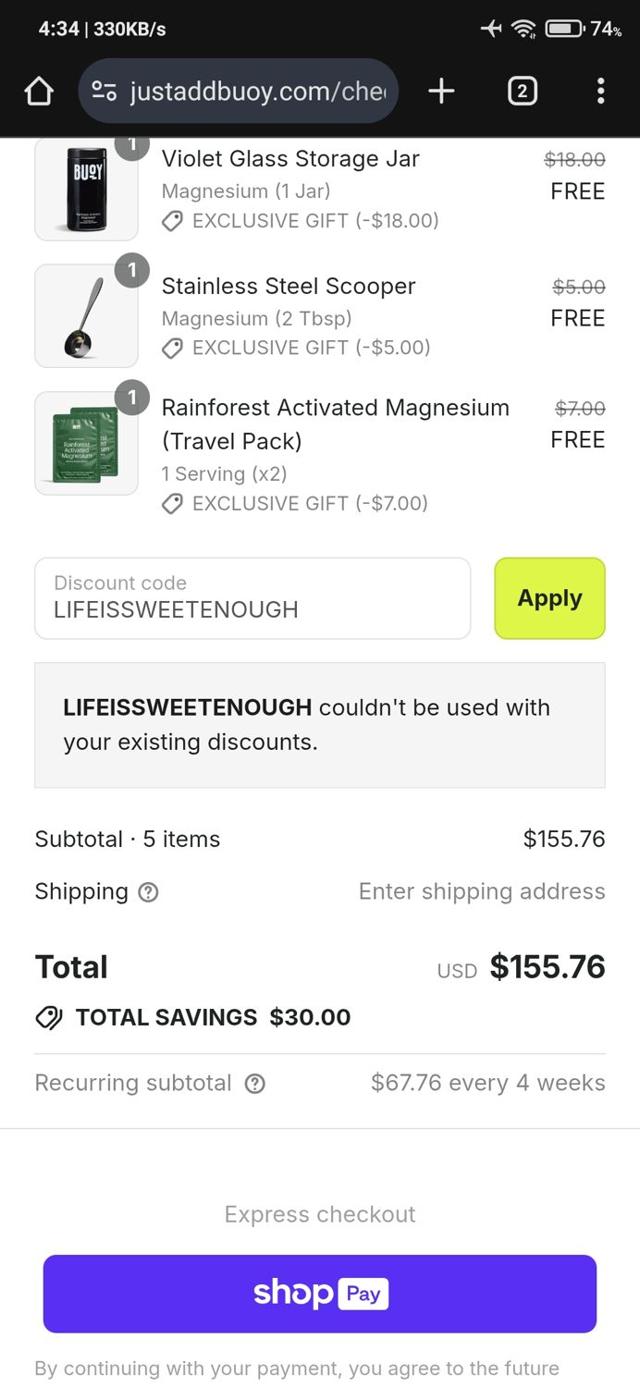 Buoy checkout page showing Buoy promo code box | Screenshot taken by SimplyCodes community member on Aug 16, 2025