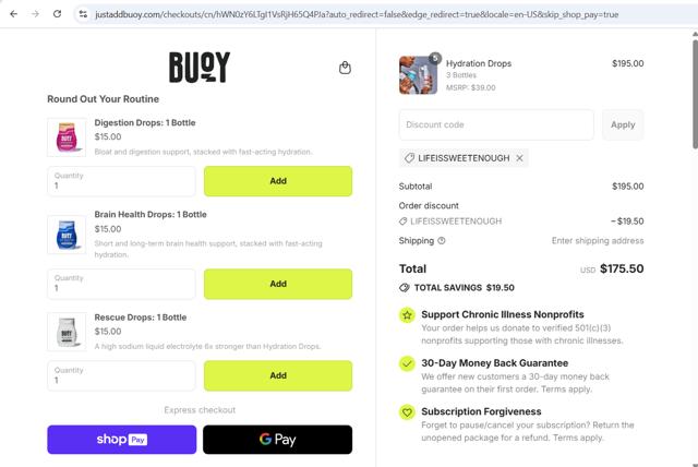 Buoy checkout page showing Buoy promo code box | Screenshot taken by SimplyCodes community member on Jul 24, 2025