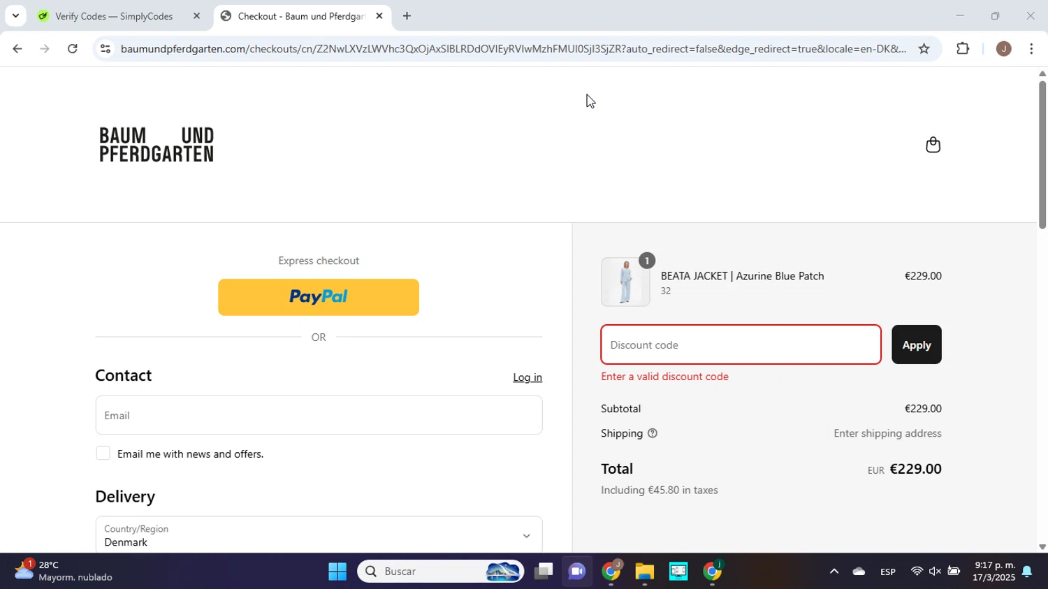 Baum und Pferdgarten promo code screenshot showing code 10WELCOME applied at Baum und Pferdgarten checkout page. Uploaded by SimplyCodes community member ABHF23 on Mar 18, 2025