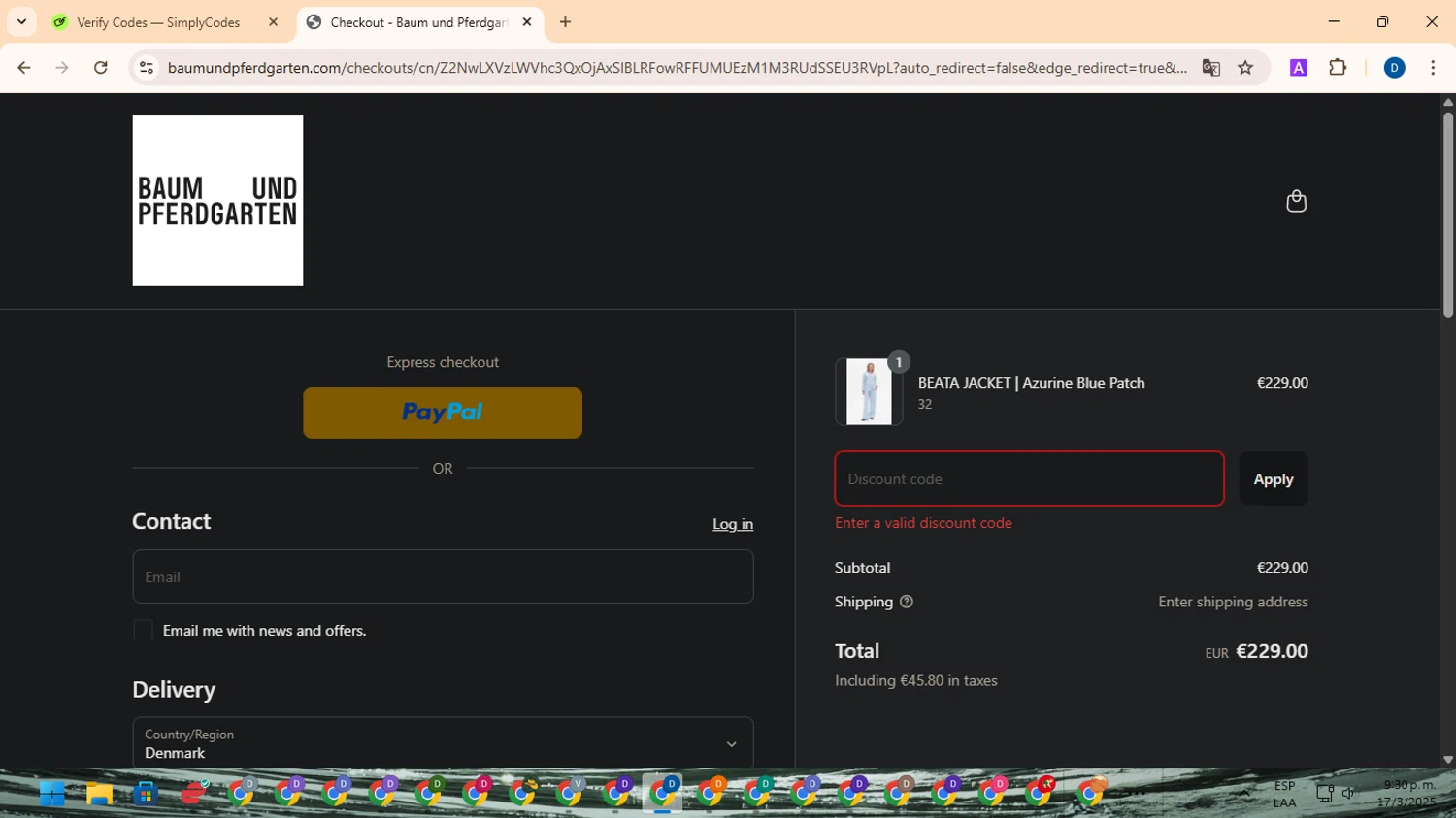 Baum und Pferdgarten promo code screenshot showing code 10WELCOME applied at Baum und Pferdgarten checkout page. Uploaded by SimplyCodes community member DealVoyager8768 on Mar 18, 2025