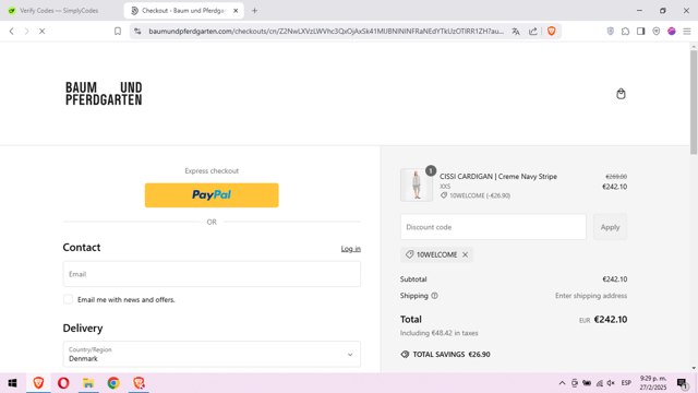 Baum und Pferdgarten checkout page showing Baum und Pferdgarten promo code box | Screenshot taken by SimplyCodes community member on Feb 28, 2025
