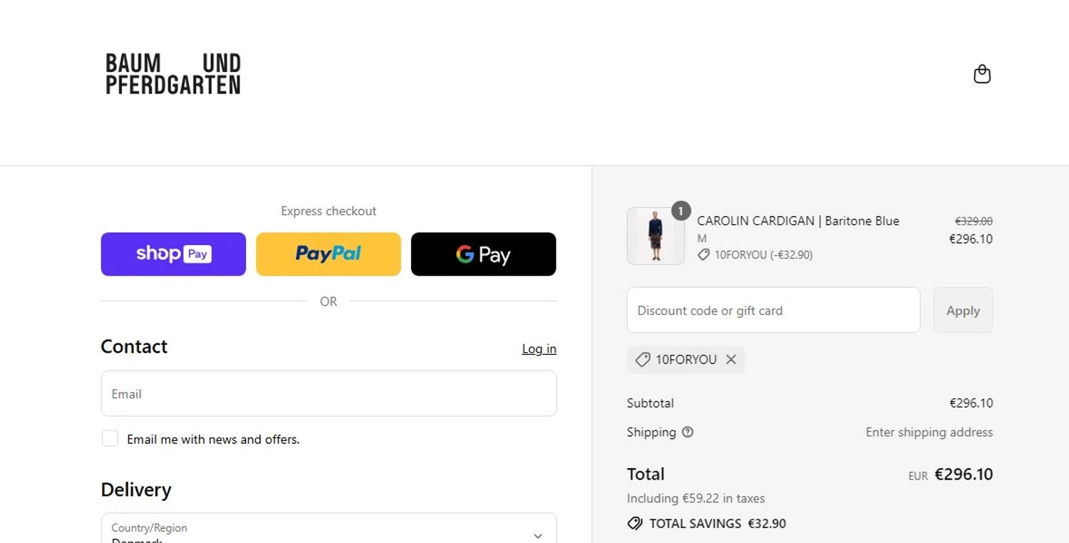Baum und Pferdgarten promo code screenshot showing code 10FORYOU applied at Baum und Pferdgarten checkout page. Uploaded by SimplyCodes community member angelfigueroa2008 on Aug 19, 2025