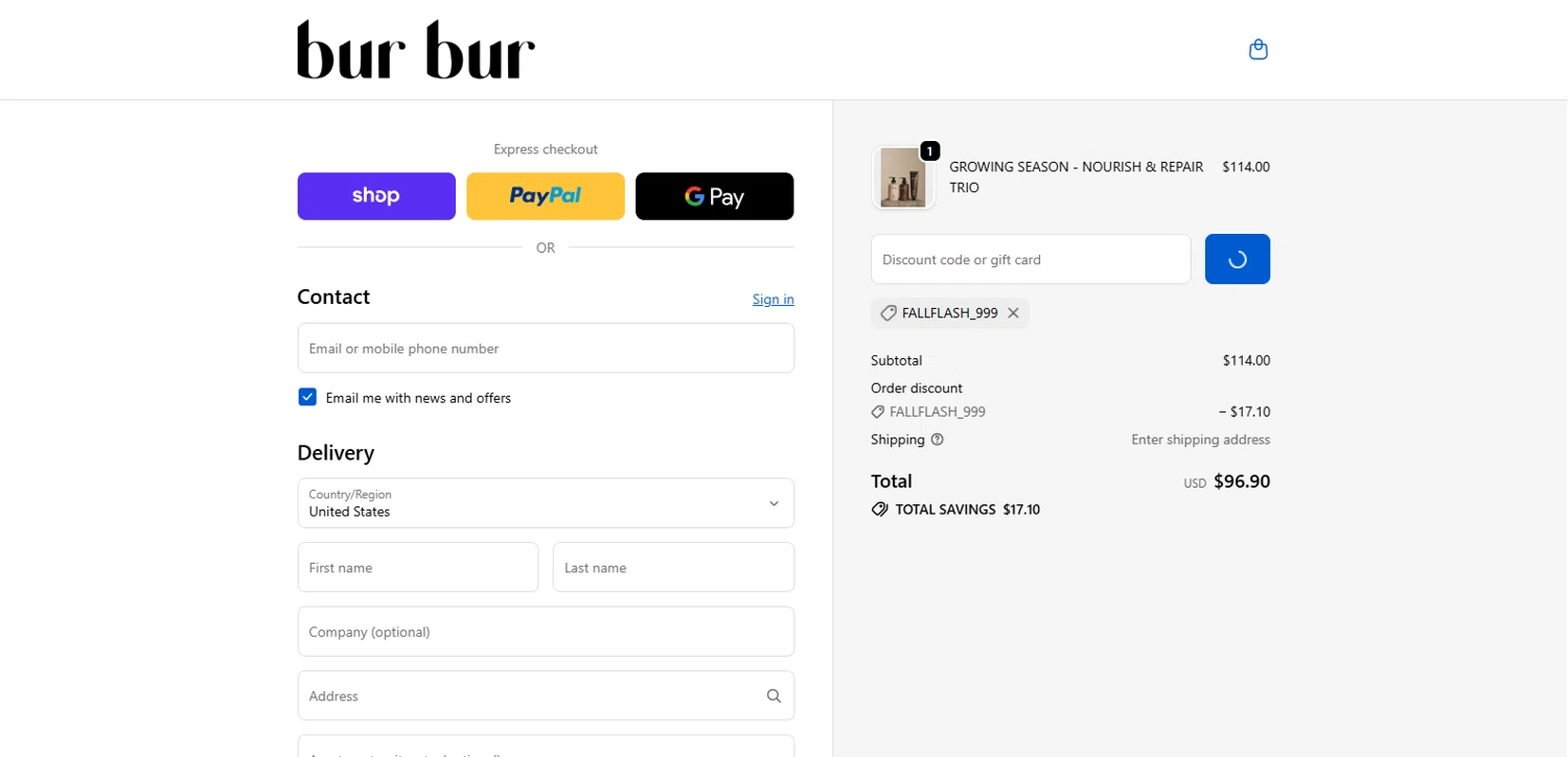 Bur Bur Botanical Hair Oil checkout page showing Bur Bur Botanical Hair Oil promo code box | Screenshot taken by SimplyCodes community member on Feb 18, 2026