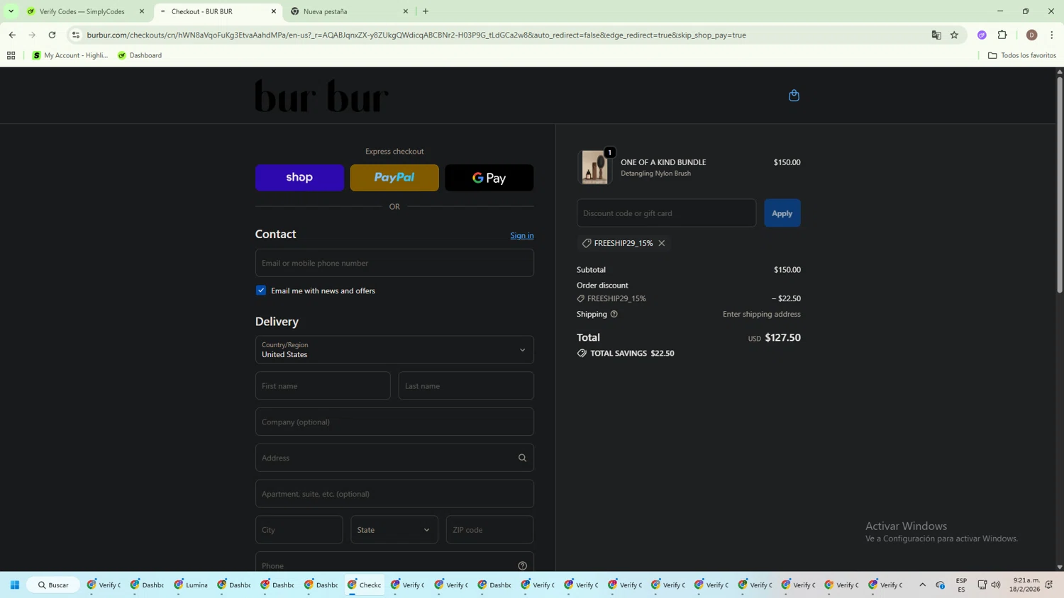 Bur Bur Botanical Hair Oil checkout page showing Bur Bur Botanical Hair Oil promo code box | Screenshot taken by SimplyCodes community member on Feb 18, 2026