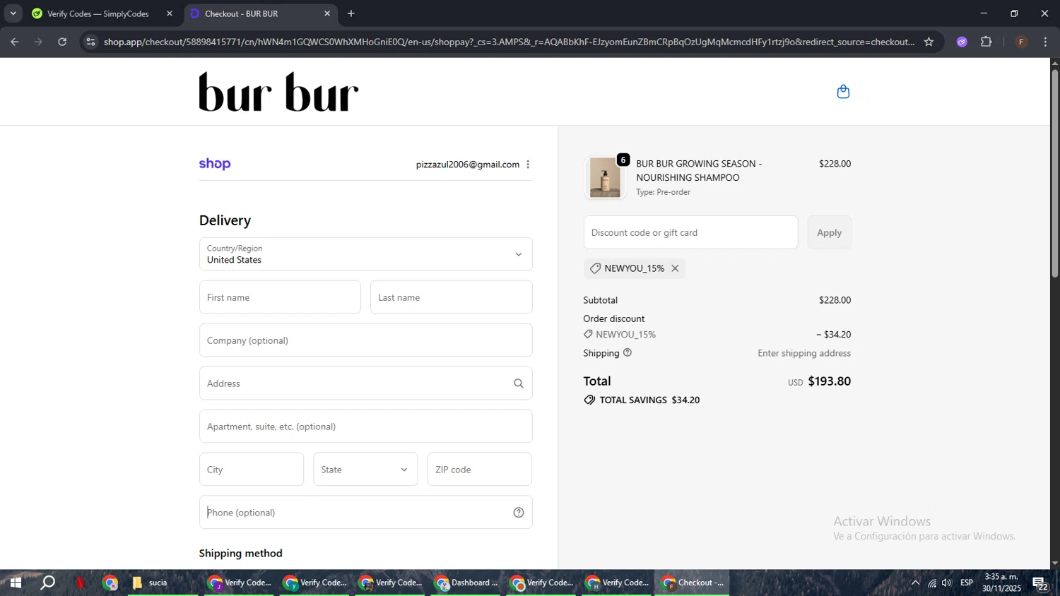 Bur Bur Botanical Hair Oil promo code screenshot showing code NEWYOU_15% applied at Bur Bur Botanical Hair Oil checkout page. Uploaded by SimplyCodes community member ExtraordinaryHunter3076 on Nov 30, 2025
