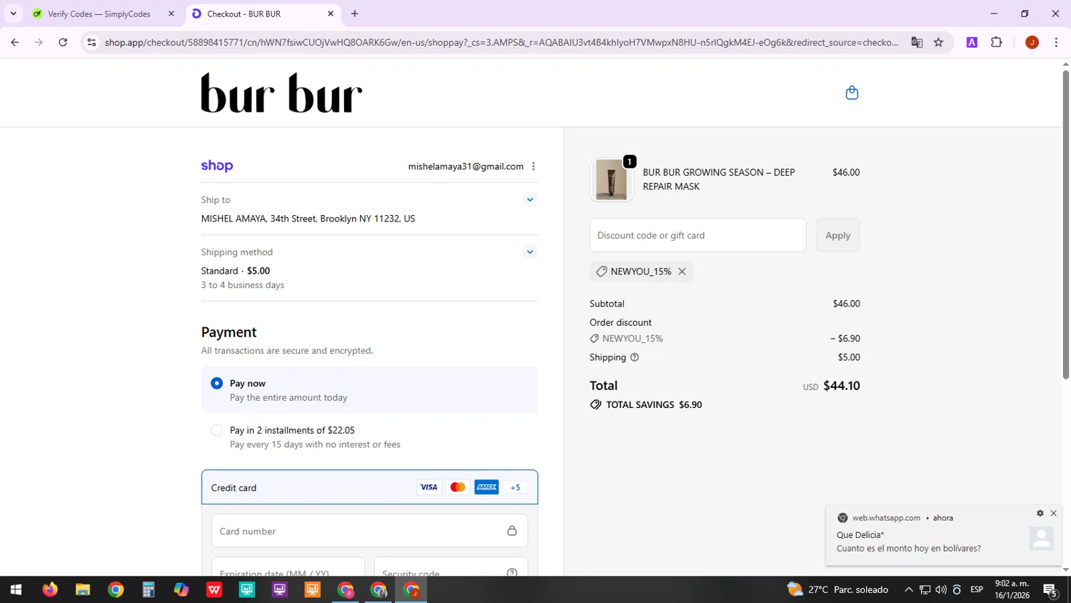 Bur Bur Botanical Hair Oil promo code screenshot showing code NEWYOU_15% applied at Bur Bur Botanical Hair Oil checkout page. Uploaded by SimplyCodes community member TreasureTracker4321 on Jan 16, 2026