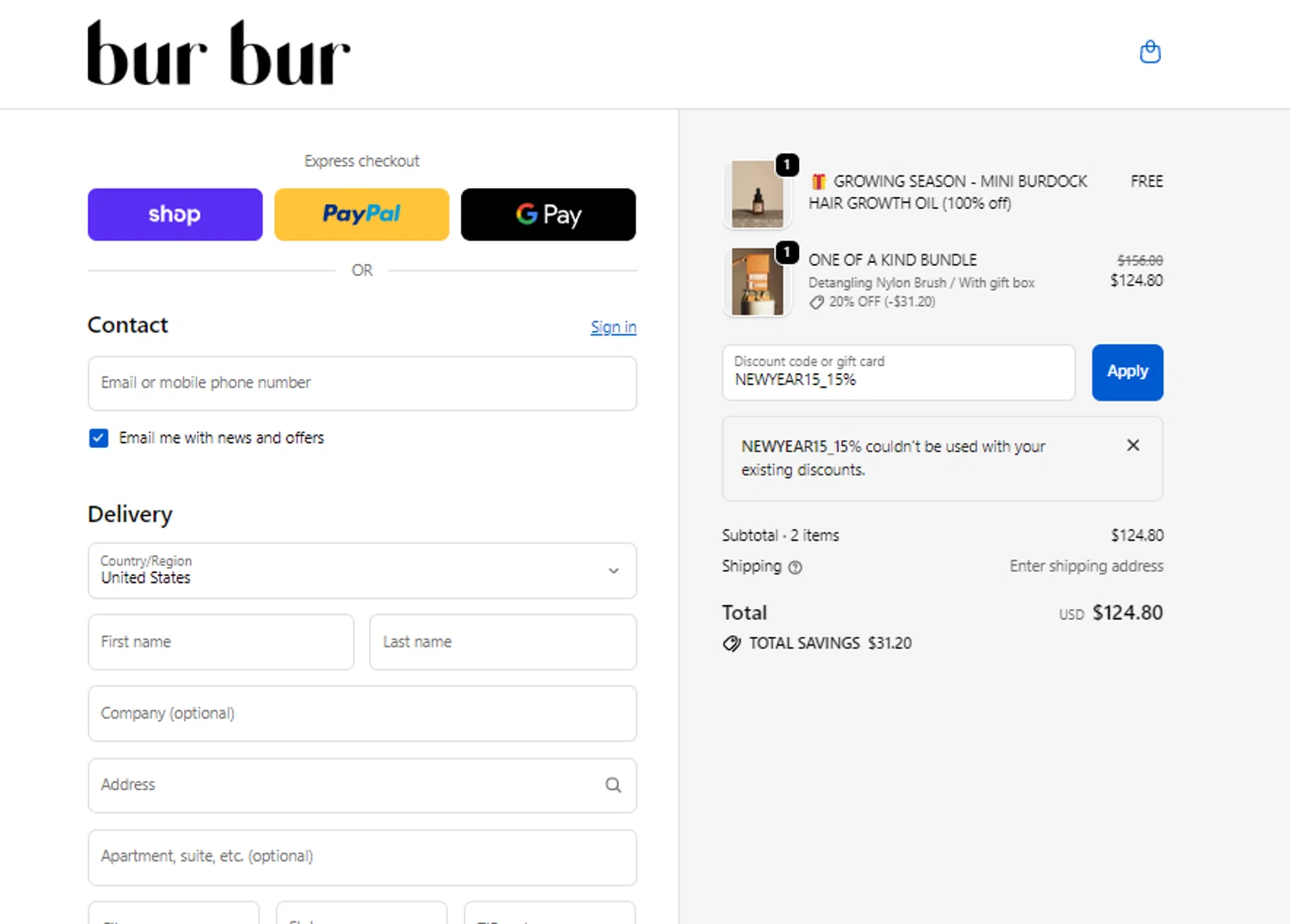 Bur Bur Botanical Hair Oil promo code screenshot showing code NEWYEAR15_15% applied at Bur Bur Botanical Hair Oil checkout page. Uploaded by SimplyCodes community member Ronita_832988044 on Dec 11, 2025