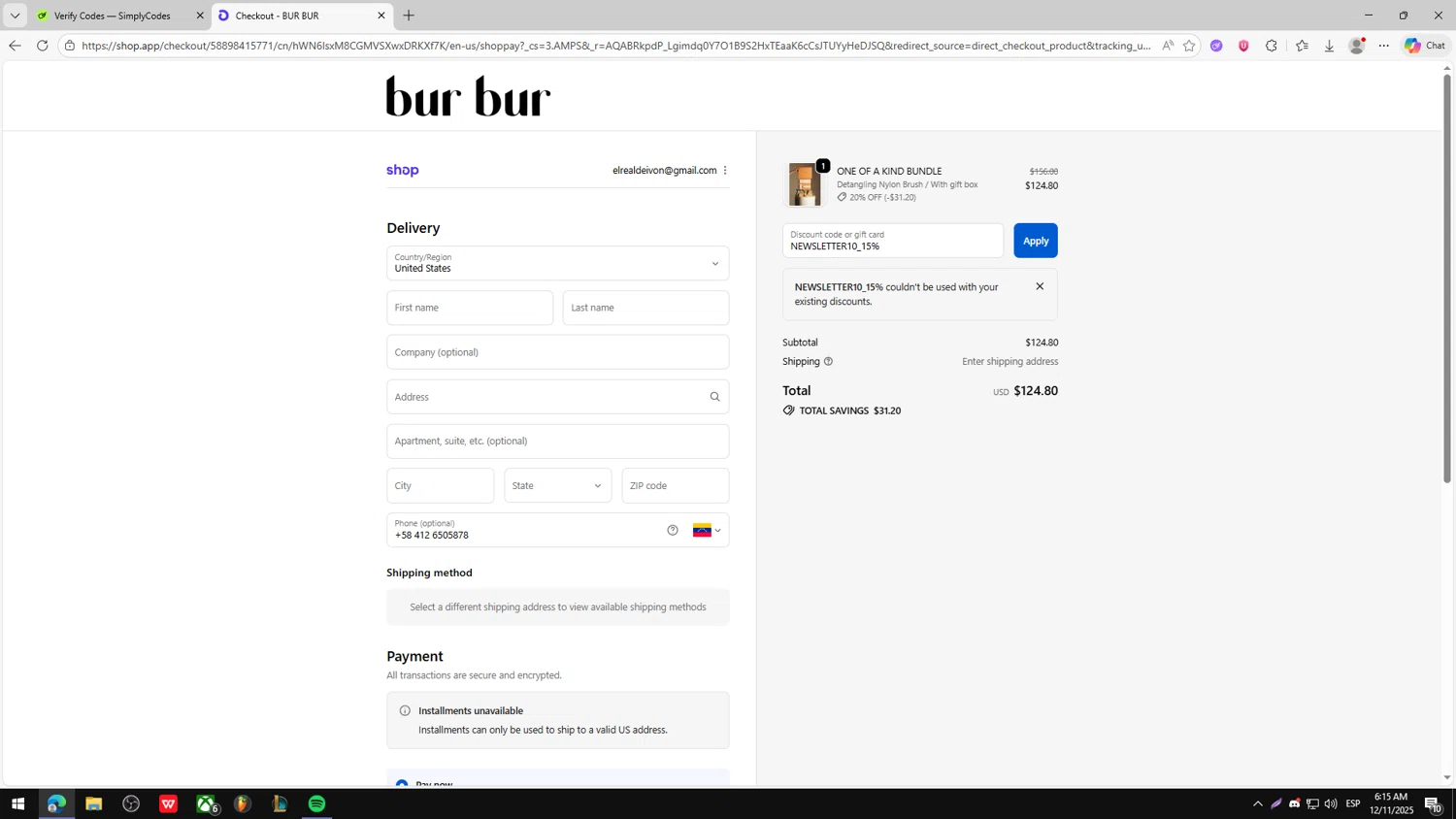 Bur Bur Botanical Hair Oil promo code screenshot showing code NEWSLETTER10_15% applied at Bur Bur Botanical Hair Oil checkout page. Uploaded by SimplyCodes community member fjkdjkldsf on Dec 11, 2025