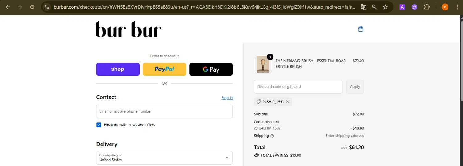 Bur Bur Botanical Hair Oil promo code screenshot showing code 24SHIP_15% applied at Bur Bur Botanical Hair Oil checkout page. Uploaded by SimplyCodes community member NobleElite1598 on Nov 12, 2025