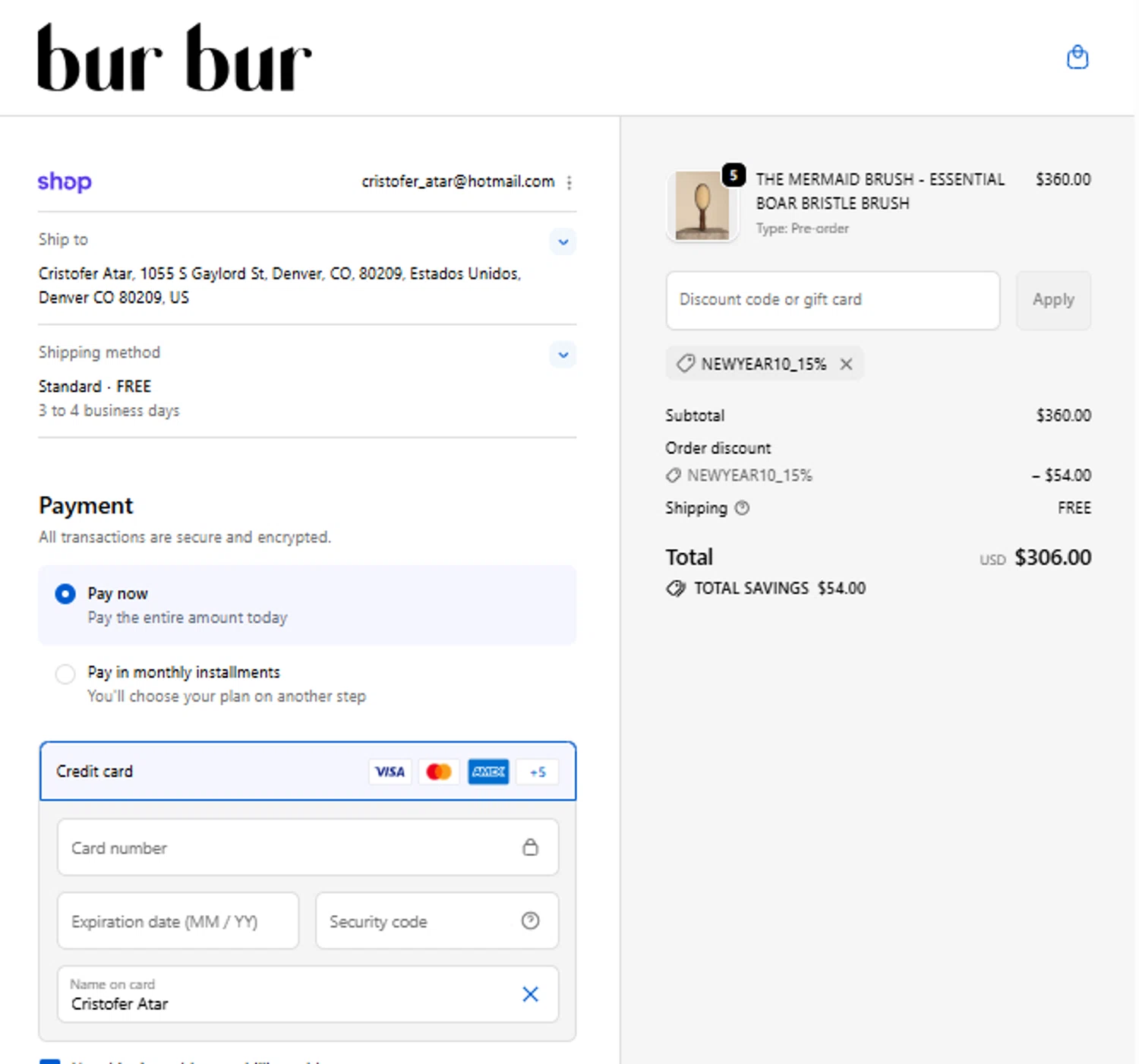 Bur Bur Botanical Hair Oil promo code screenshot showing code NEWYEAR10_15% applied at Bur Bur Botanical Hair Oil checkout page. Uploaded by SimplyCodes community member Mari_perez on Nov 12, 2025