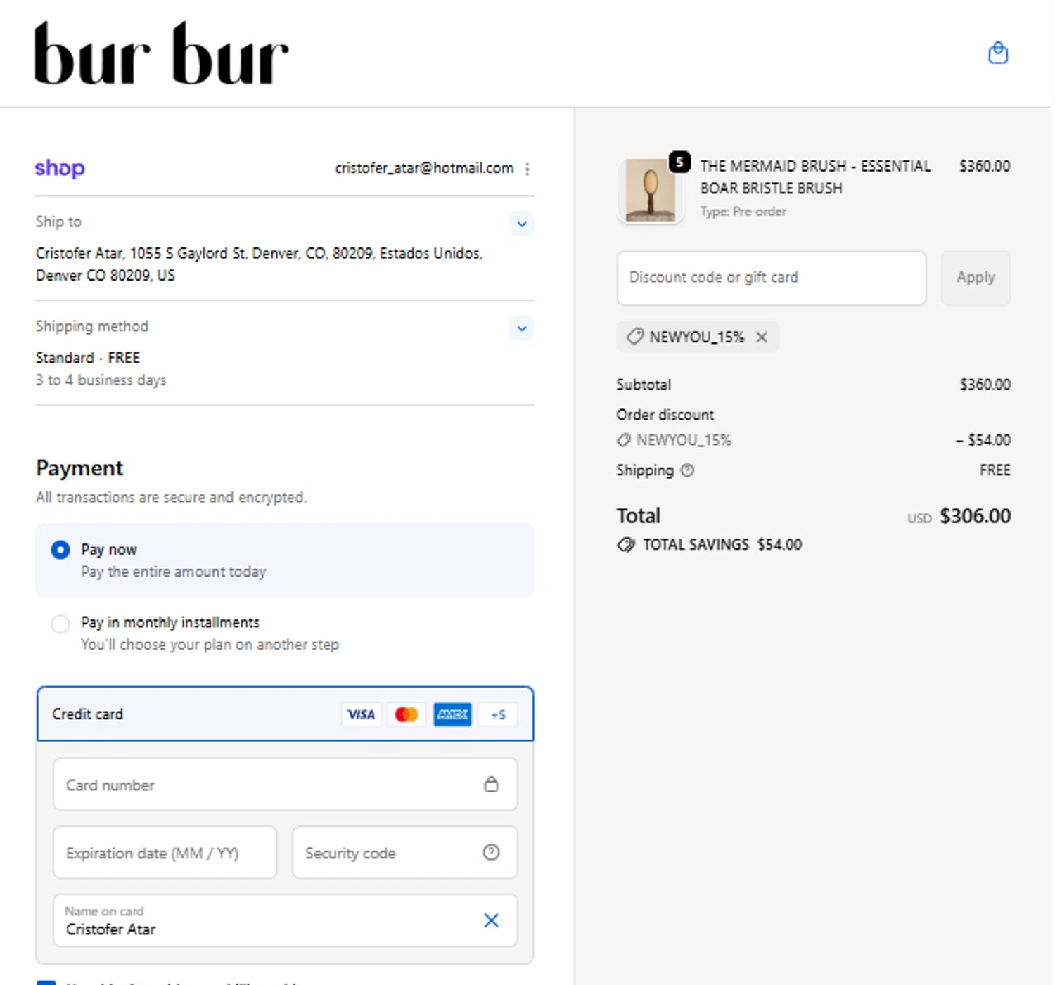 Bur Bur Botanical Hair Oil promo code screenshot showing code NEWYOU_15% applied at Bur Bur Botanical Hair Oil checkout page. Uploaded by SimplyCodes community member Mari_perez on Nov 12, 2025
