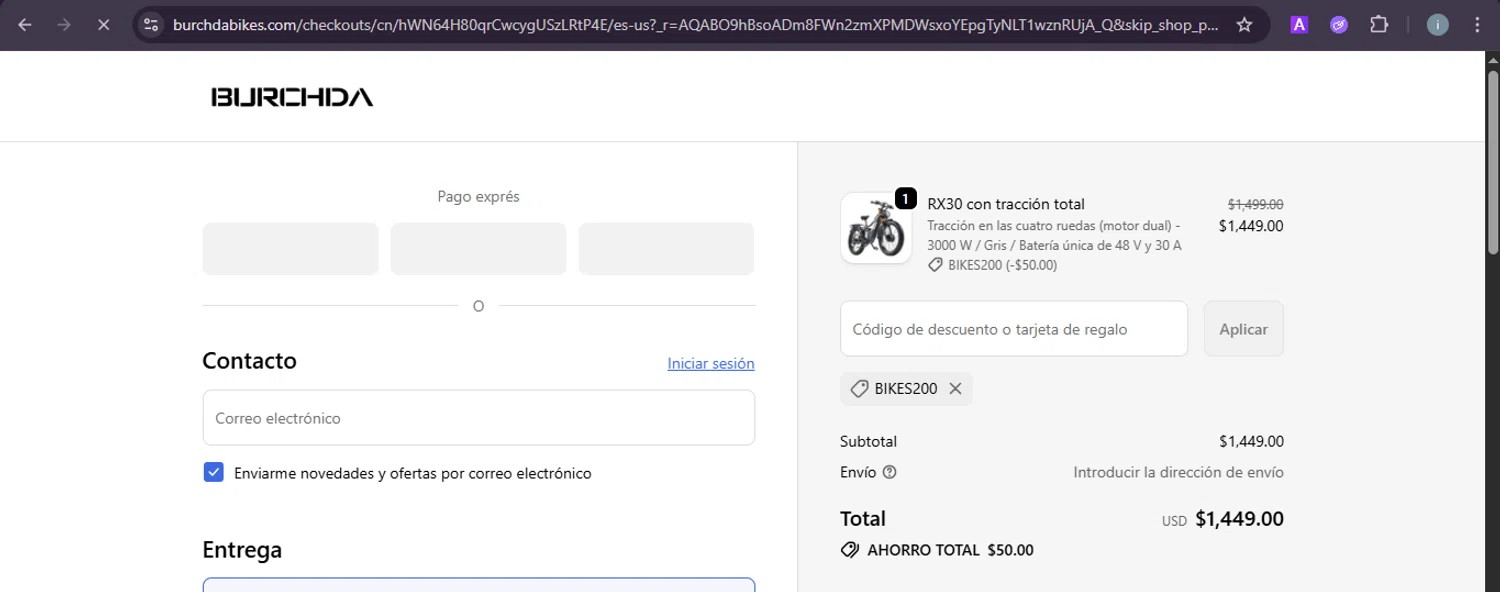 Burchda Bikes promo code screenshot showing code BIKES200 applied at Burchda Bikes checkout page. Uploaded by SimplyCodes community member PrimeSentinel5869 on Dec 5, 2025