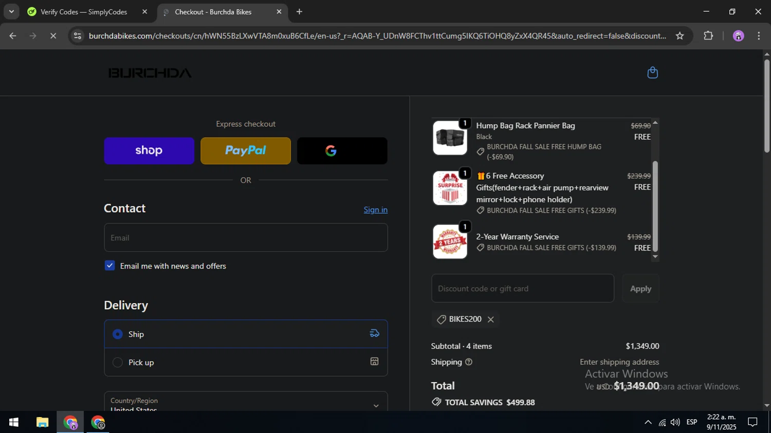 Burchda Bikes promo code screenshot showing code BIKES200 applied at Burchda Bikes checkout page. Uploaded by SimplyCodes community member USERR1 on Nov 9, 2025
