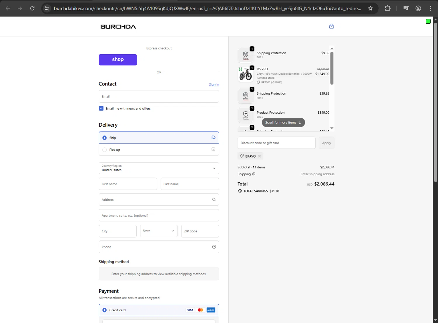 Burchda Bikes promo code screenshot showing code BRAVO applied at Burchda Bikes checkout page. Uploaded by SimplyCodes community member Aljondris97 on Nov 29, 2025