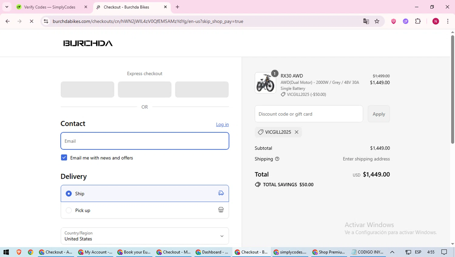 Burchda Bikes promo code screenshot showing code VICGILL2025 applied at Burchda Bikes checkout page. Uploaded by SimplyCodes community member CoinWizard8578 on Sep 8, 2025