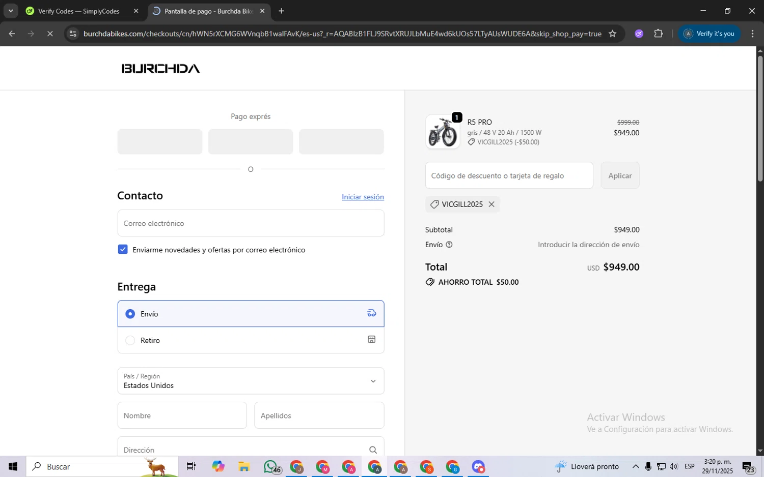 Burchda Bikes promo code screenshot showing code VICGILL2025 applied at Burchda Bikes checkout page. Uploaded by SimplyCodes community member ScanSpotter8851 on Nov 29, 2025