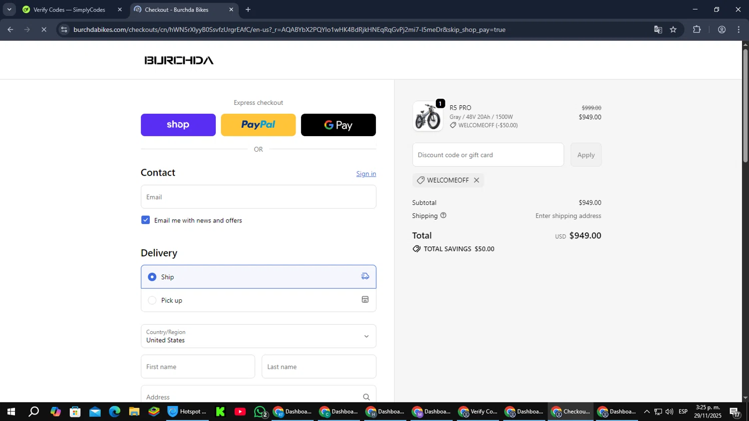 Burchda Bikes promo code screenshot showing code WELCOMEOFF applied at Burchda Bikes checkout page. Uploaded by SimplyCodes community member RebateCaptain6440 on Nov 29, 2025