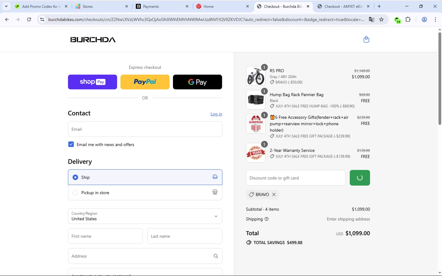 Burchda Bikes promo code screenshot showing code BRAVO applied at Burchda Bikes checkout page. Uploaded by SimplyCodes community member Djmariio on Jul 15, 2025