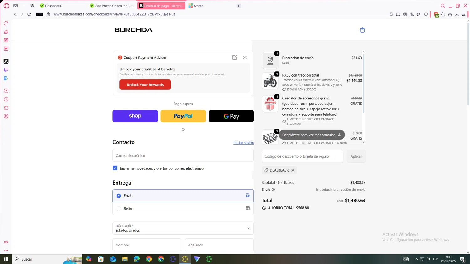 Burchda Bikes promo code screenshot showing code DEALBLACK applied at Burchda Bikes checkout page. Uploaded by SimplyCodes community member JEUGENIO on Dec 29, 2025