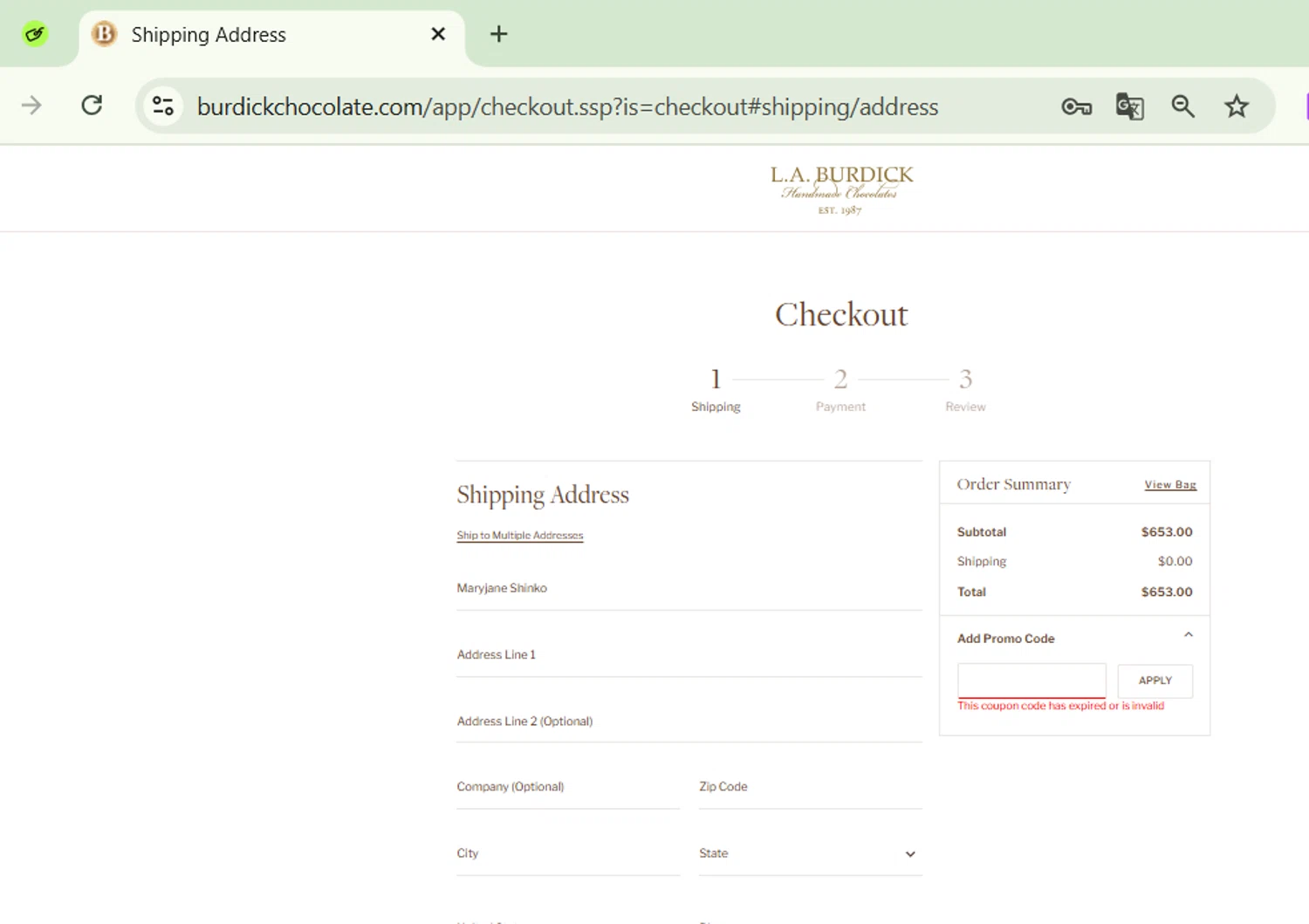 Burdick Chocolate promo code screenshot showing code cambridge15 applied at Burdick Chocolate checkout page. Uploaded by SimplyCodes community member CodeVirtuoso1353 on Jan 25, 2025