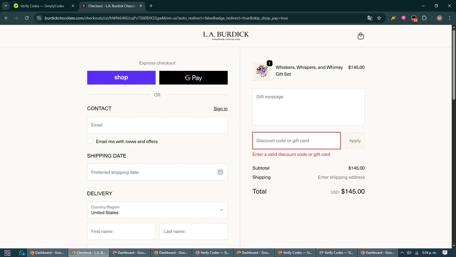 Burdick Chocolate promo code screenshot showing code 10off applied at Burdick Chocolate checkout page. Uploaded by SimplyCodes community member DiscountTitan4635 on Oct 19, 2025