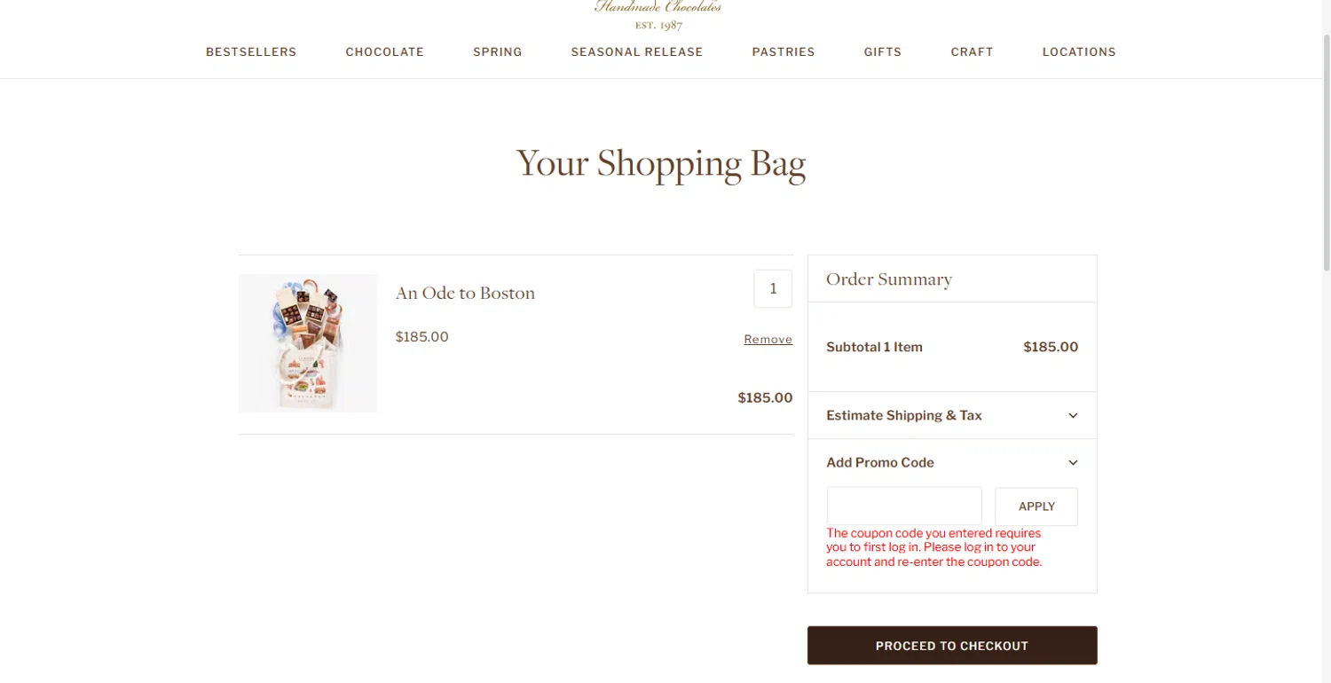 Burdick Chocolate checkout page showing Burdick Chocolate promo code box | Screenshot taken by SimplyCodes community member on May 17, 2025