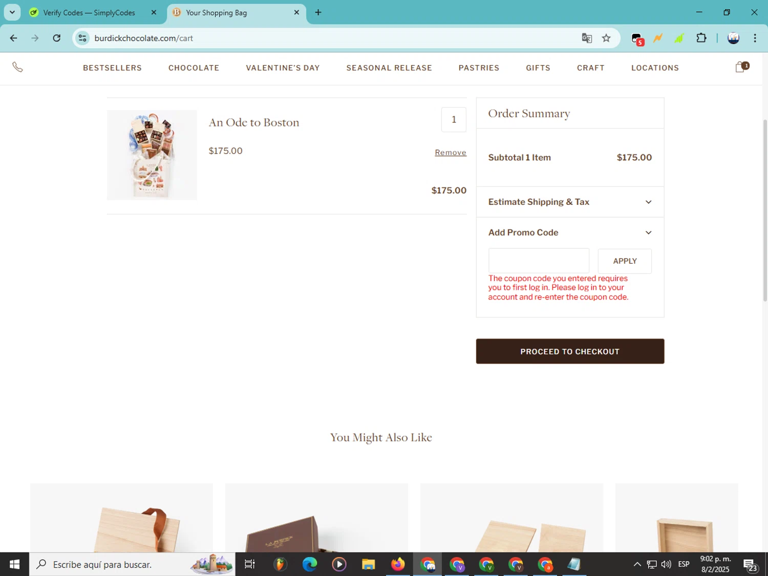 Burdick Chocolate checkout page showing Burdick Chocolate promo code box | Screenshot taken by SimplyCodes community member on Feb 9, 2025