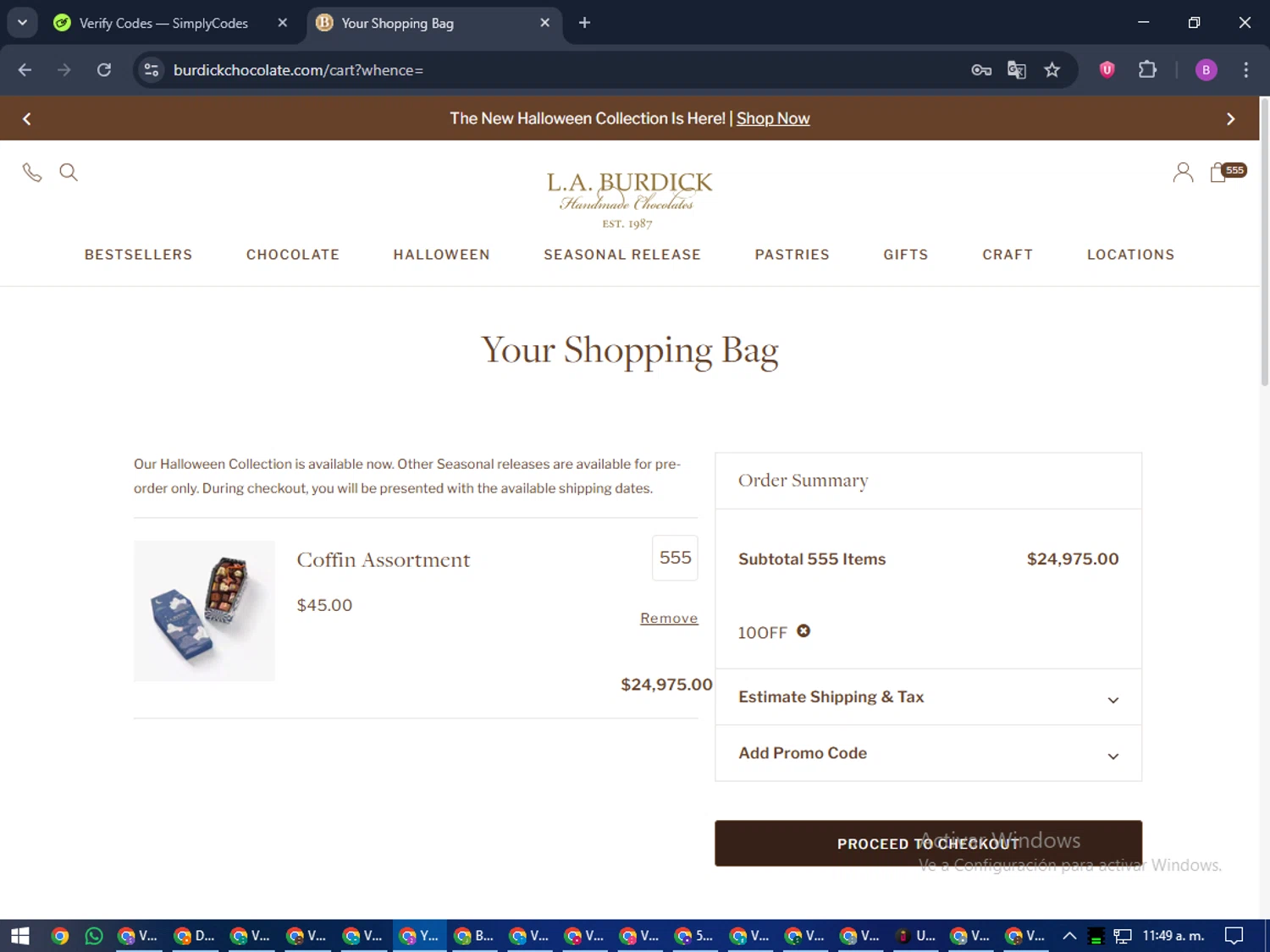 Burdick Chocolate checkout page showing Burdick Chocolate promo code box | Screenshot taken by SimplyCodes community member on Oct 8, 2025