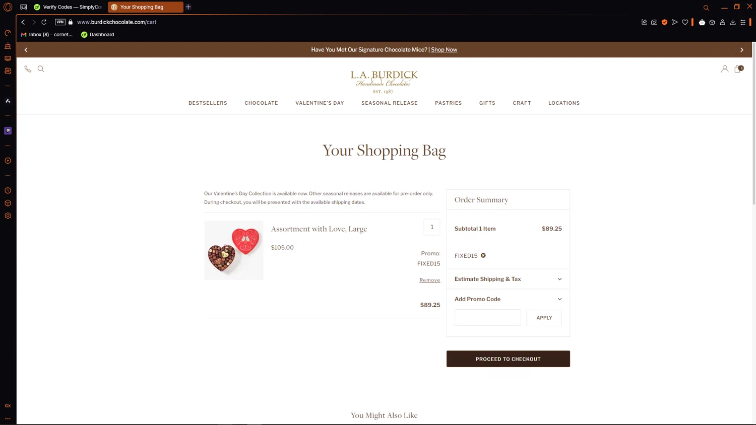 Burdick Chocolate checkout page showing Burdick Chocolate promo code box | Screenshot taken by SimplyCodes community member on Feb 18, 2025