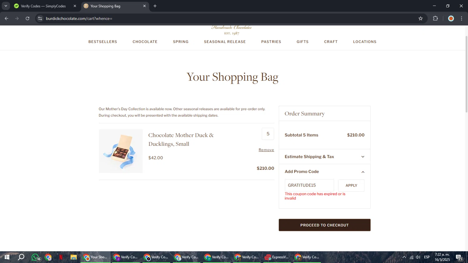 Burdick Chocolate promo code screenshot showing code GRATITUDE15 applied at Burdick Chocolate checkout page. Uploaded by SimplyCodes community member BonusCaptain9927 on May 16, 2025