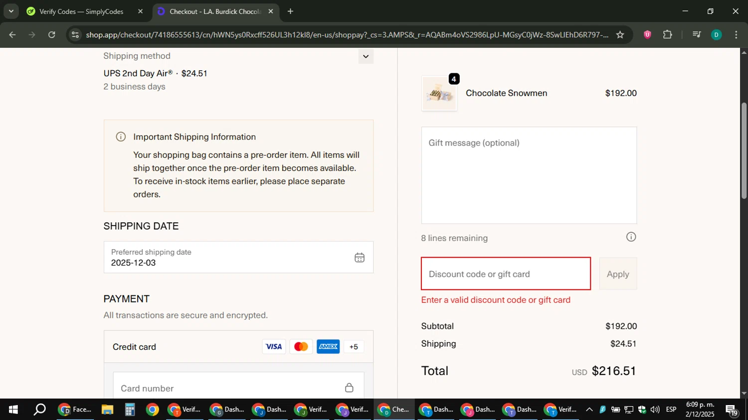 Burdick Chocolate promo code screenshot showing code sale15 applied at Burdick Chocolate checkout page. Uploaded by SimplyCodes community member ThriftyLion6776 on Dec 2, 2025