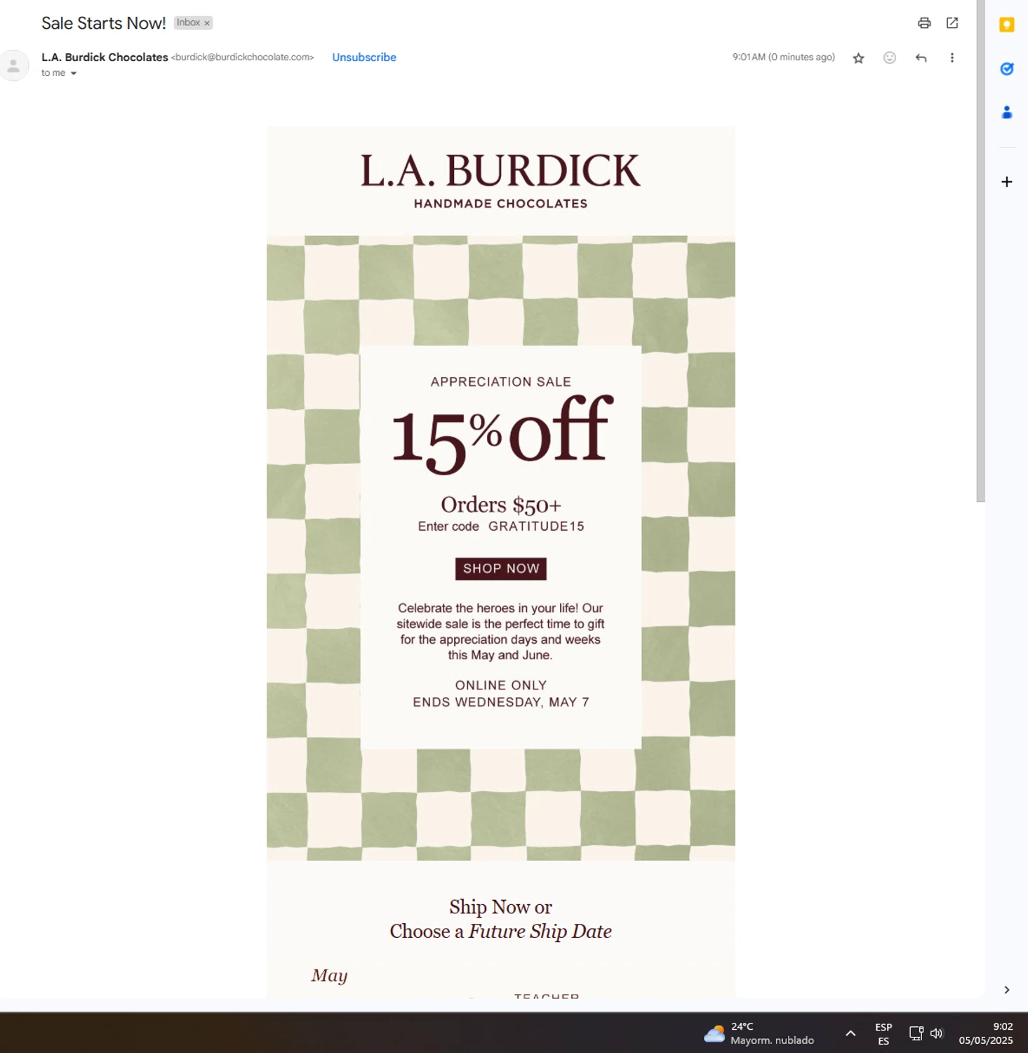 Burdick Chocolate promo code screenshot showing code GRATITUDE15 applied at Burdick Chocolate checkout page. Uploaded by SimplyCodes community member UnkNownVnzla on May 5, 2025