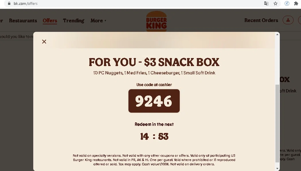 where to use Burger King Printable promo code box