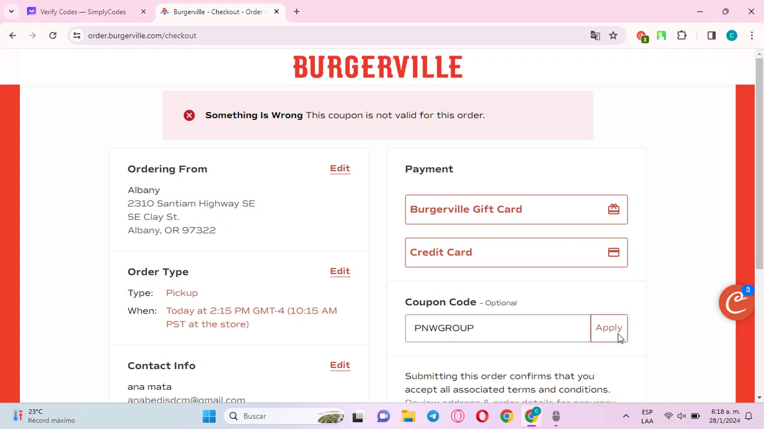 Burgerville checkout page showing Burgerville promo code box | Screenshot taken by SimplyCodes community member on Jan 28, 2024