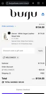 WELCOME25 coupon verification screenshot