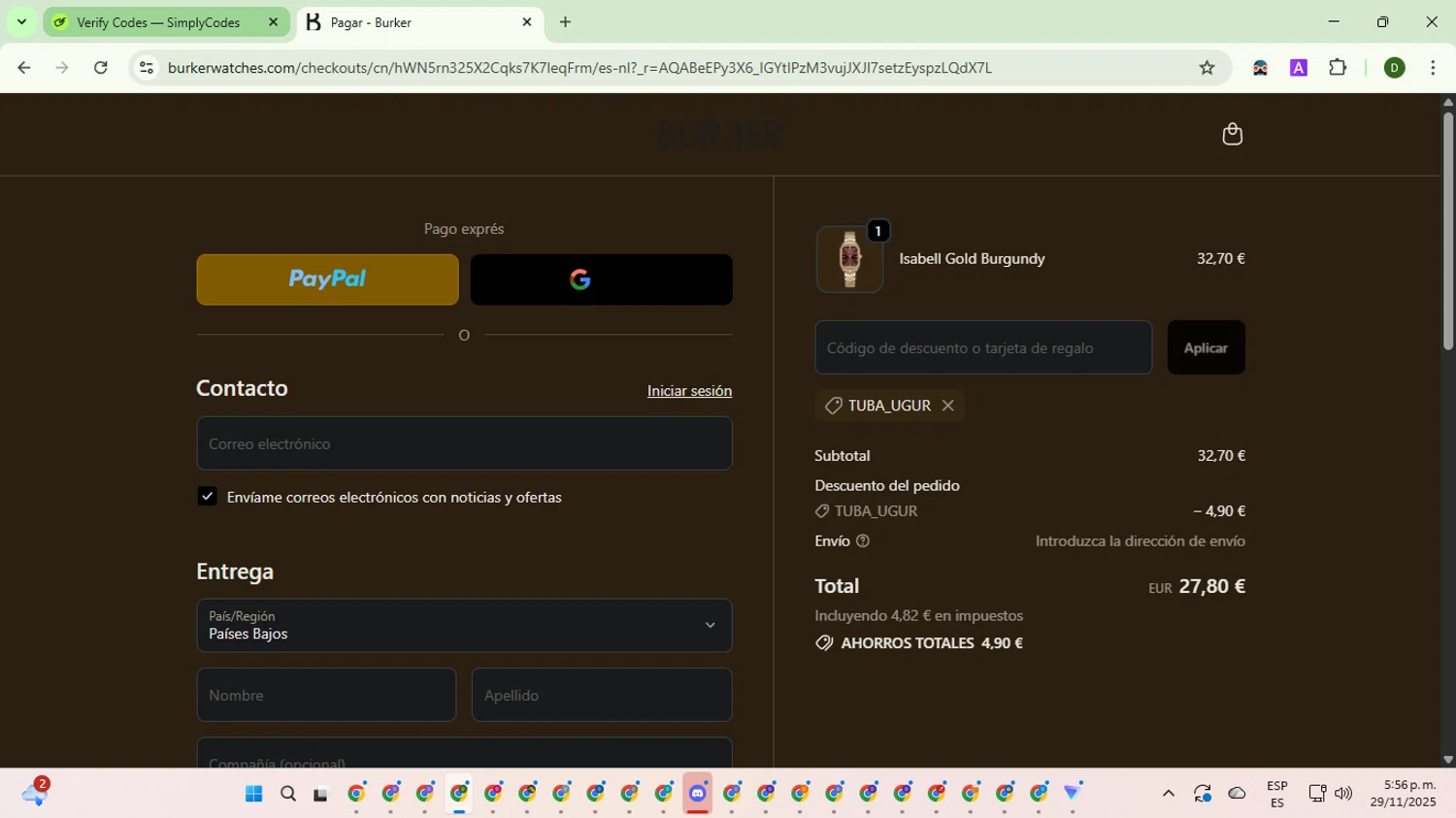 Burker discount code screenshot showing code TUBA_UGUR applied at Burker checkout page. Uploaded by SimplyCodes community member BargainGuardian5495 on Nov 29, 2025