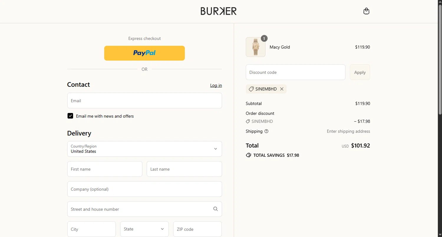 Burker discount code screenshot showing code SINEMBHD applied at Burker checkout page. Uploaded by SimplyCodes community member CouponHero3179 on Aug 26, 2025