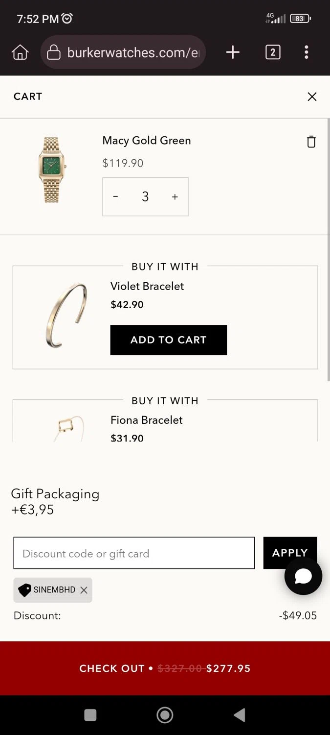 Burker discount code screenshot showing code SINEMBHD applied at Burker checkout page. Uploaded by SimplyCodes community member CrownLion2750 on Aug 16, 2025