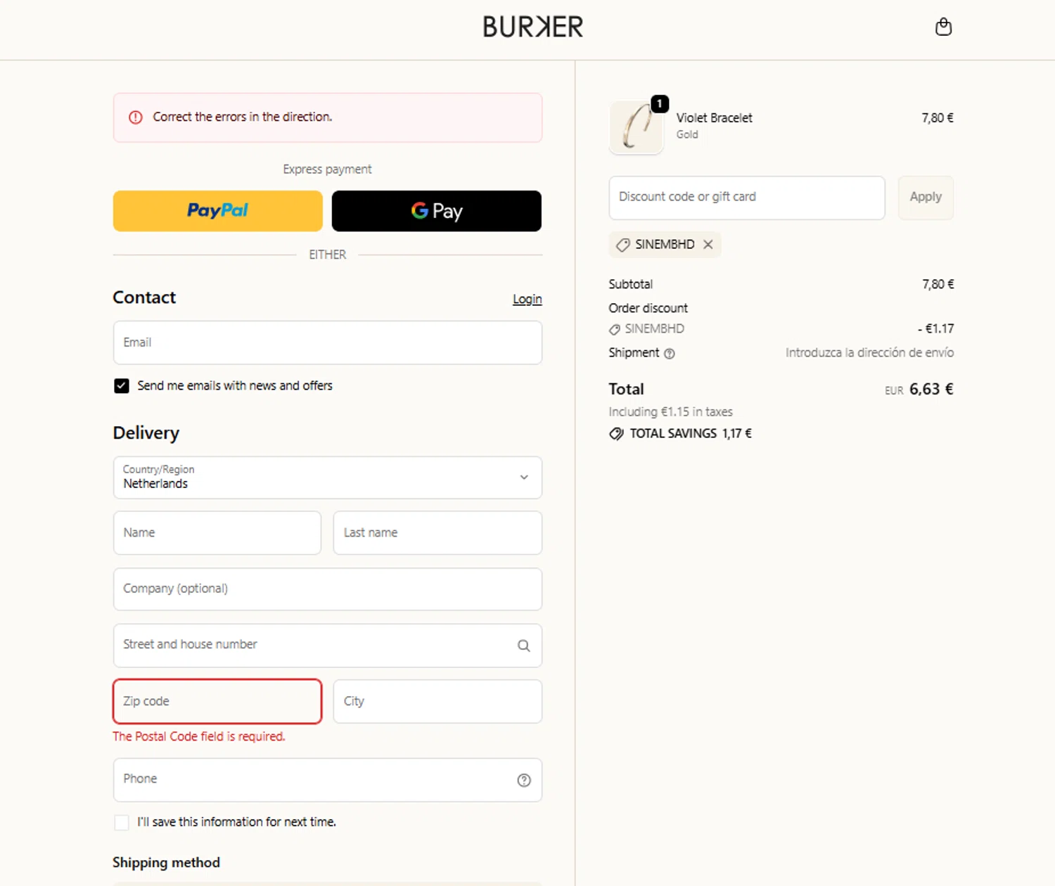 Burker discount code screenshot showing code SINEMBHD applied at Burker checkout page. Uploaded by SimplyCodes community member Mbappe on Feb 9, 2026
