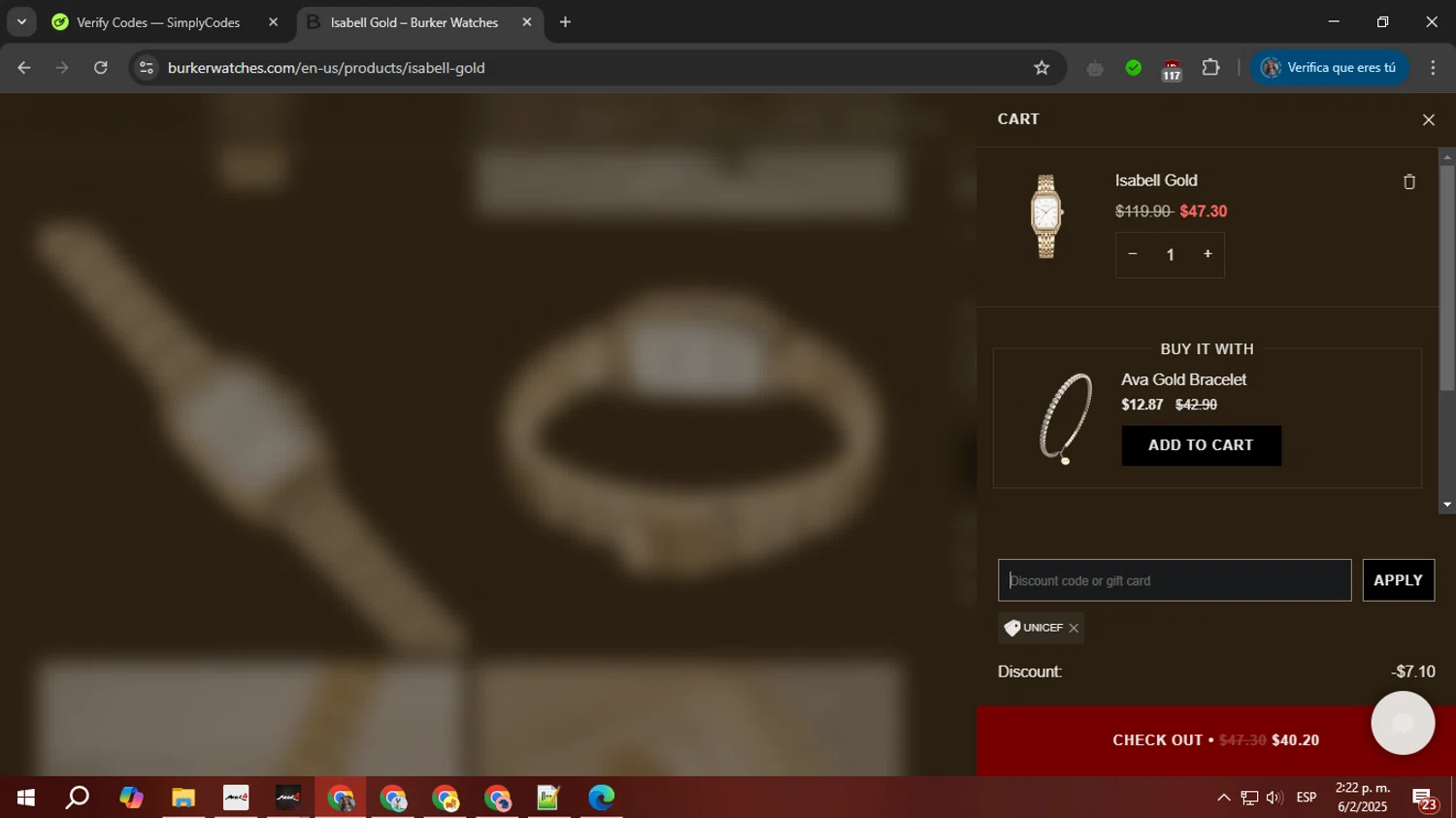 Burker discount code screenshot showing code unicef applied at Burker checkout page. Uploaded by SimplyCodes community member PrimeTiger1163 on Feb 6, 2025