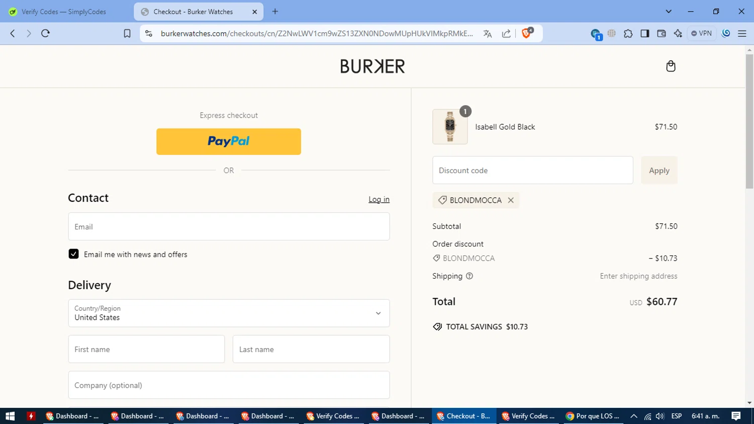 Burker discount code screenshot showing code BLONDMOCCA applied at Burker checkout page. Uploaded by SimplyCodes community member SmartFinder4794 on Jan 4, 2025