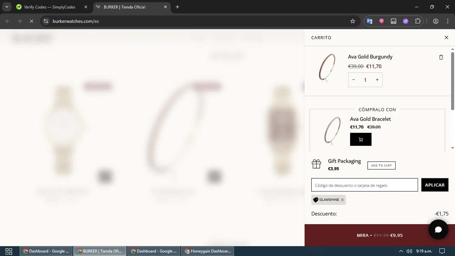 Burker discount code screenshot showing code GLAMSHINE applied at Burker checkout page. Uploaded by SimplyCodes community member MoneyPioneer4925 on Nov 11, 2025